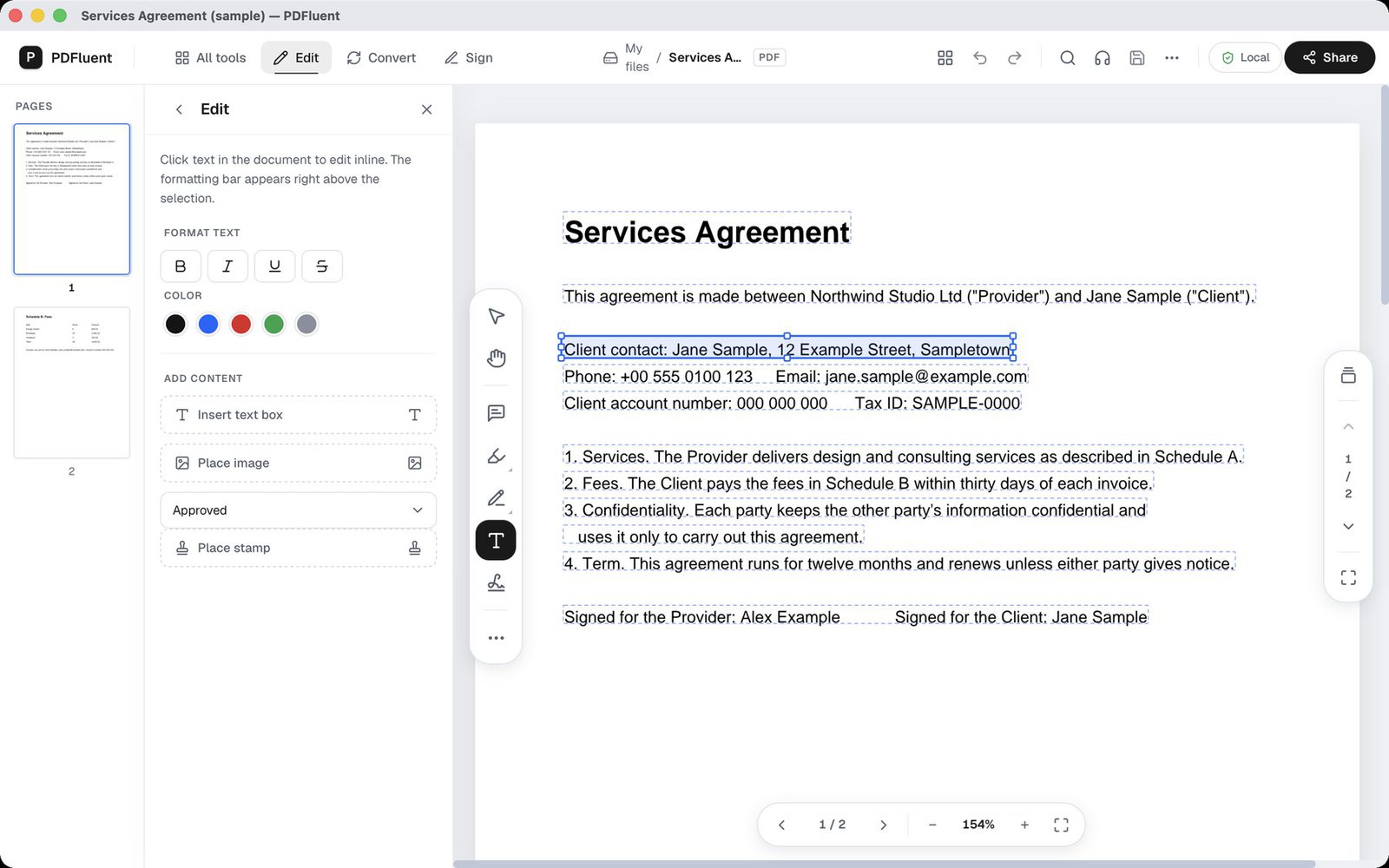 A line of text on a PDF page selected for editing, with the Edit panel open