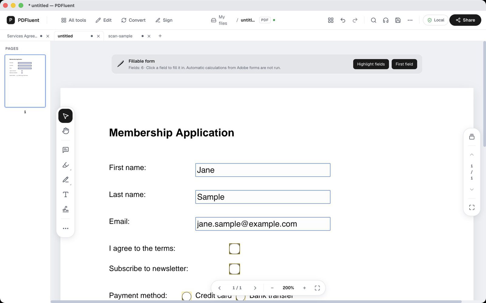 A membership form open in PDFluent with several fields filled in