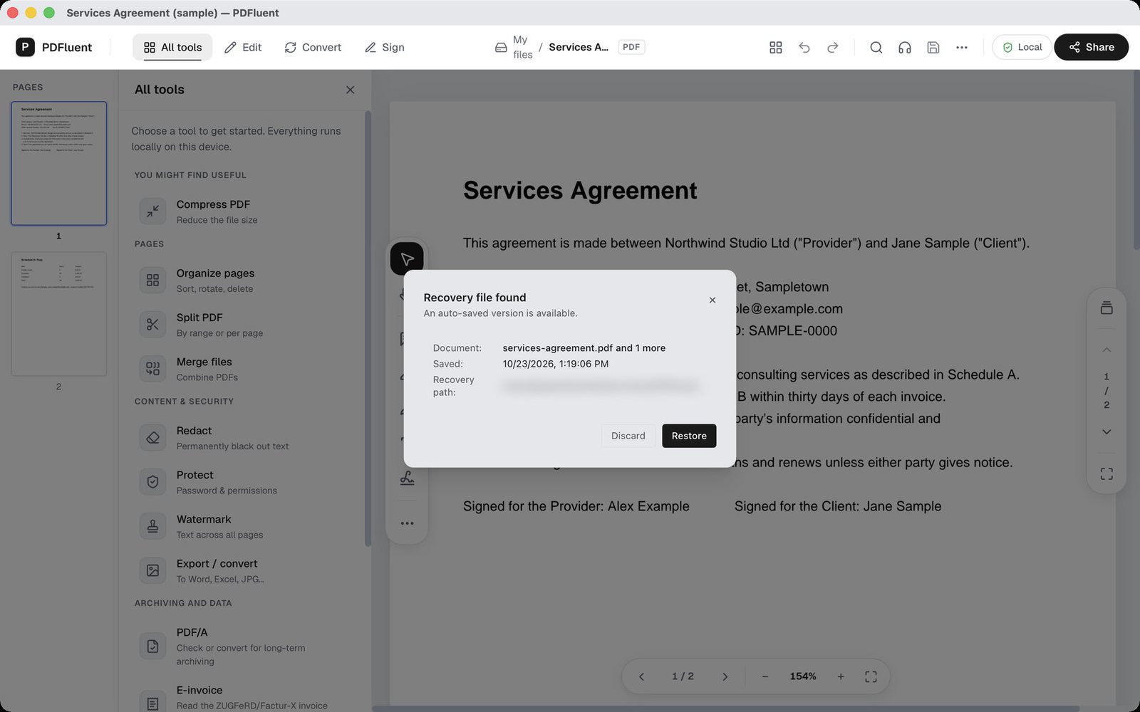 The recovery dialog offering an auto-saved version after the app closed unexpectedly
