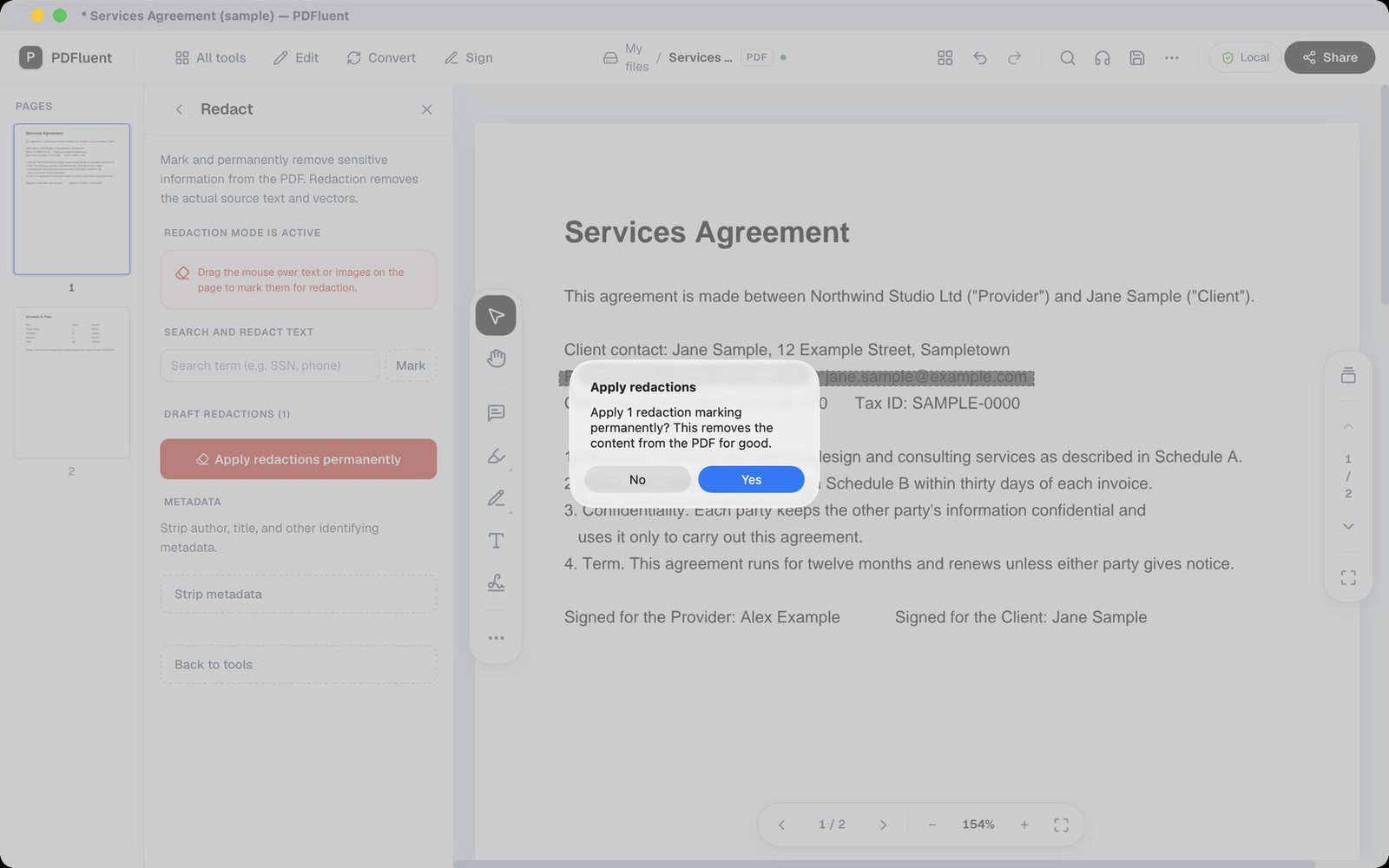 The confirmation dialog asking to apply one redaction marking permanently