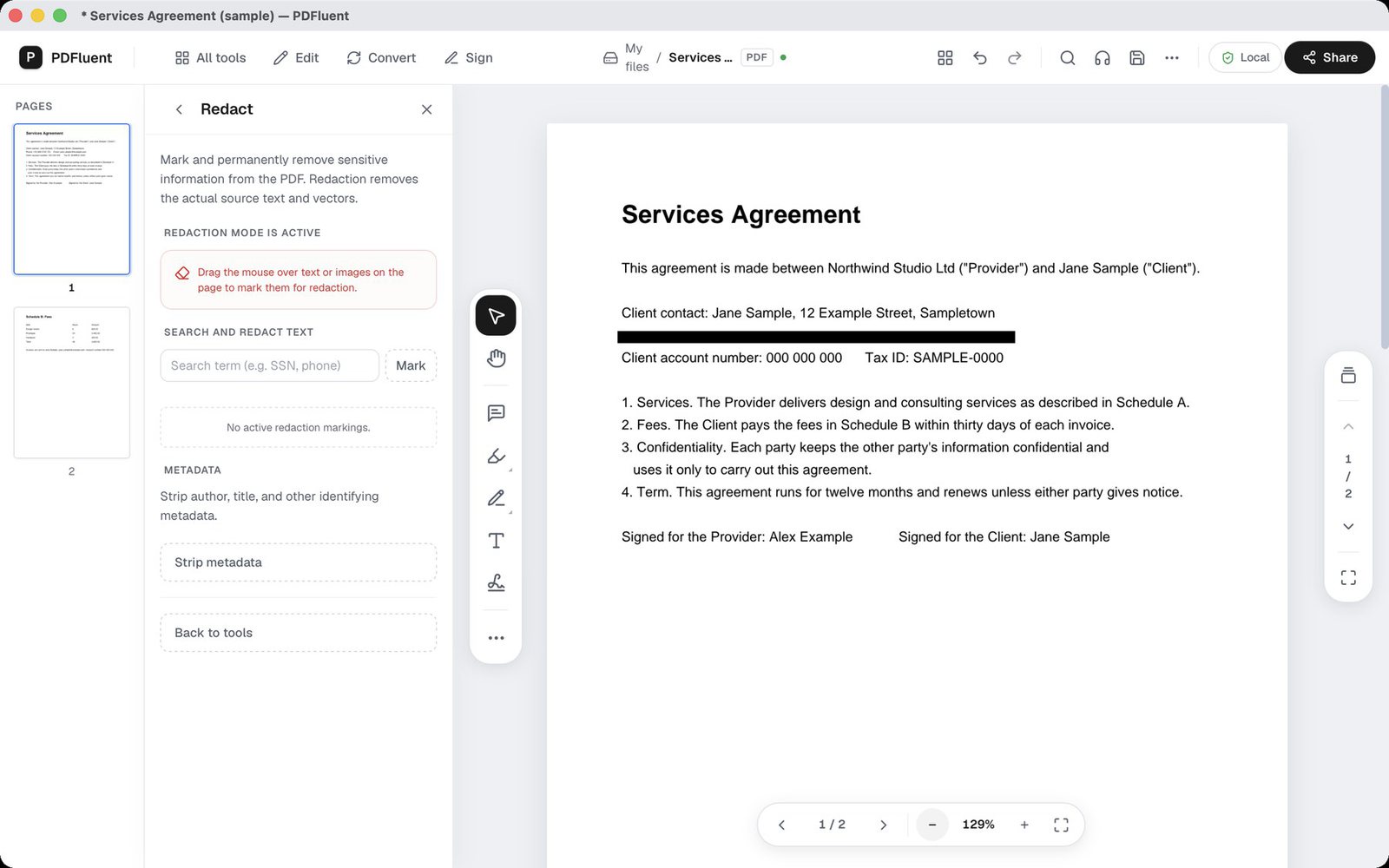 A PDF page with a solid black area where text was redacted