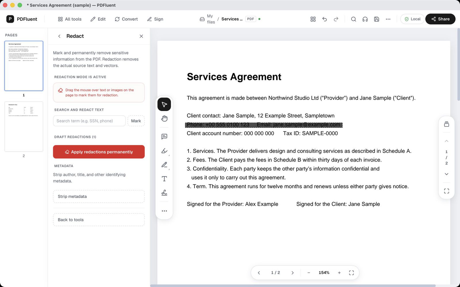 An area of a contract line marked for redaction, with the Apply redactions permanently button visible