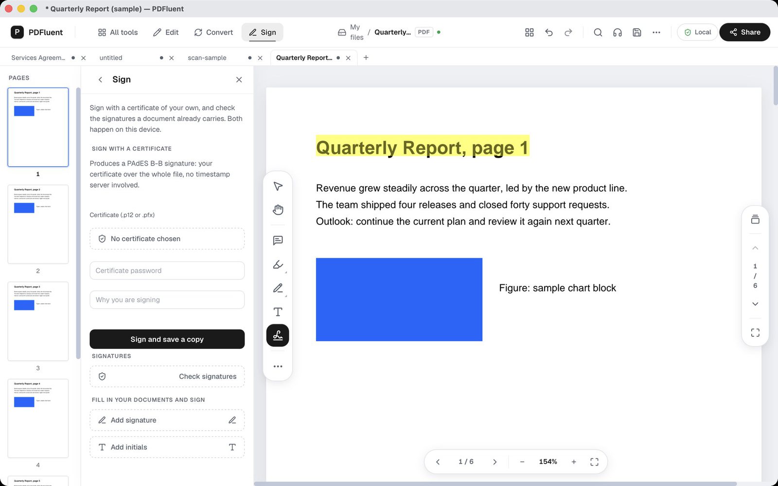 The Sign panel open next to a PDF page