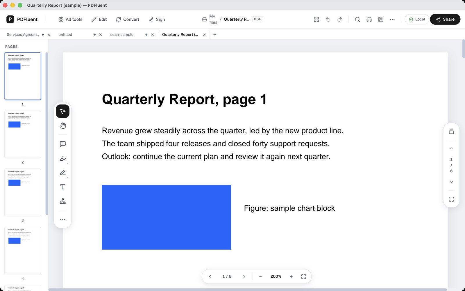 PDFluent Editor with several PDFs open in tabs and page thumbnails next to the open page