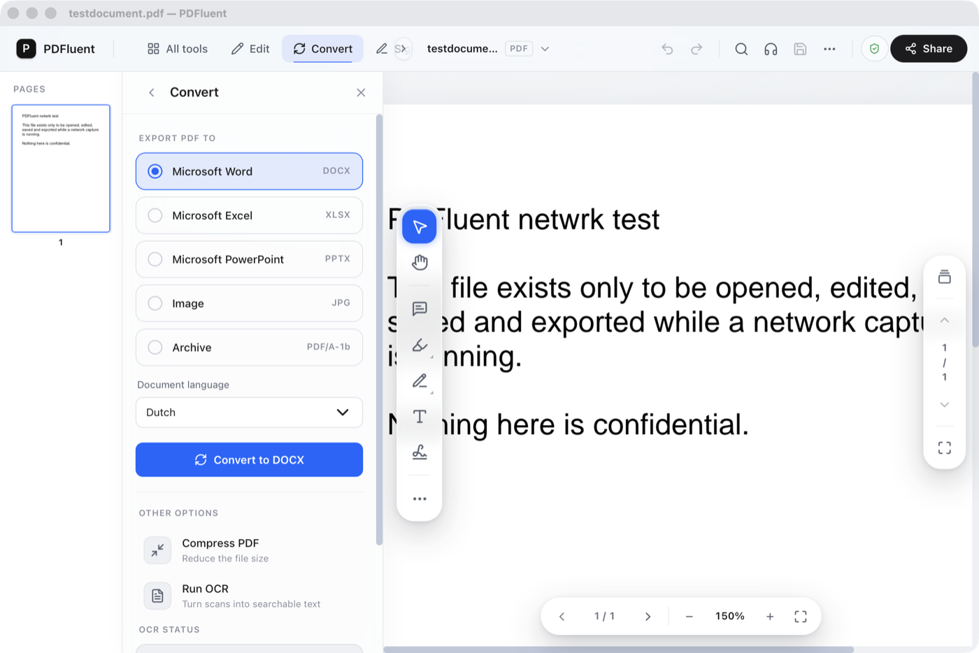 PDFluent with the test document open. The heading reads PDFluent netwrk test, missing a letter, because it was edited during the run. The Convert panel is open with Microsoft Word DOCX selected.
