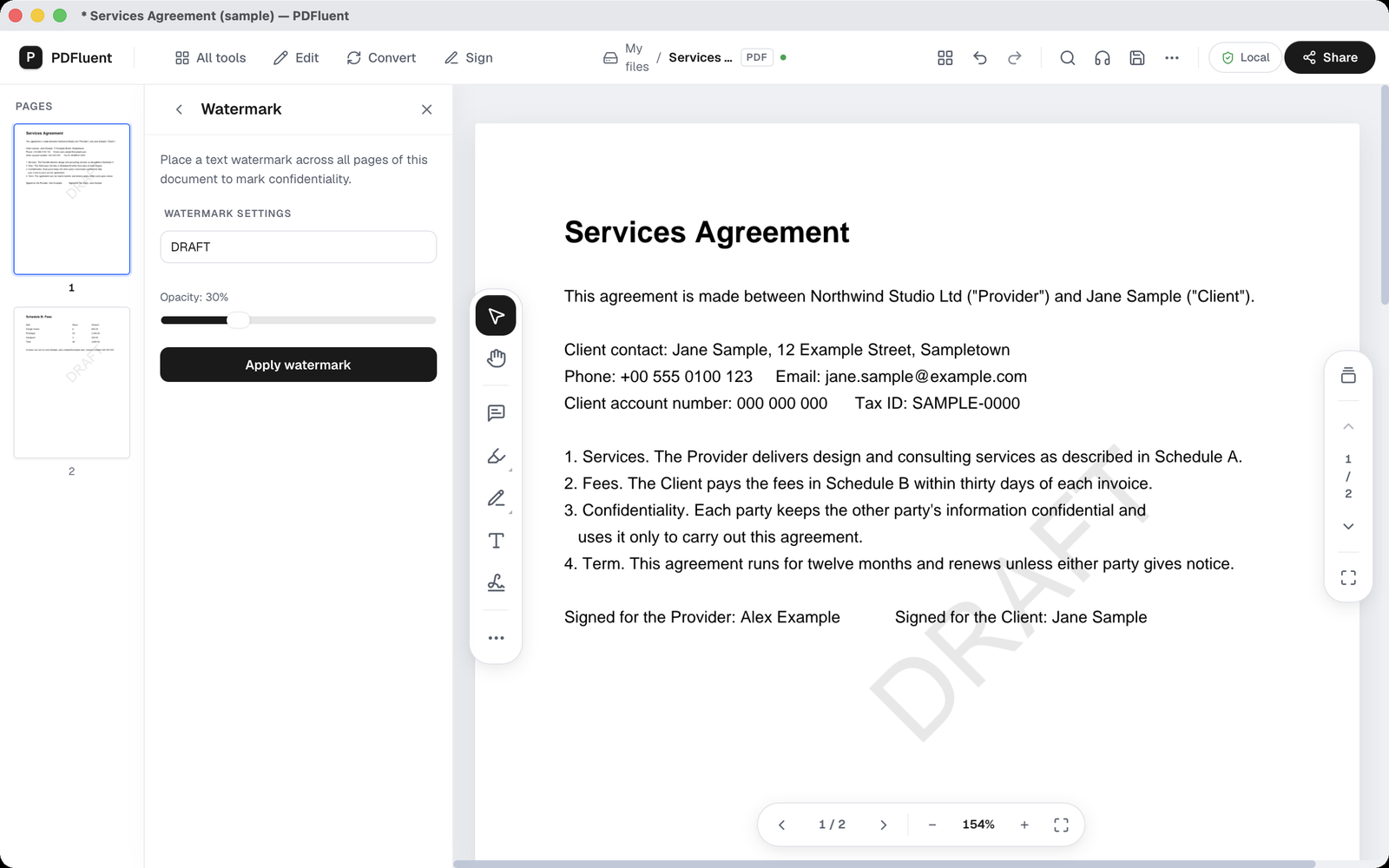 Page 1 of the sample agreement with a large light-grey diagonal DRAFT across it, the text underneath still readable, and an asterisk in the title bar.