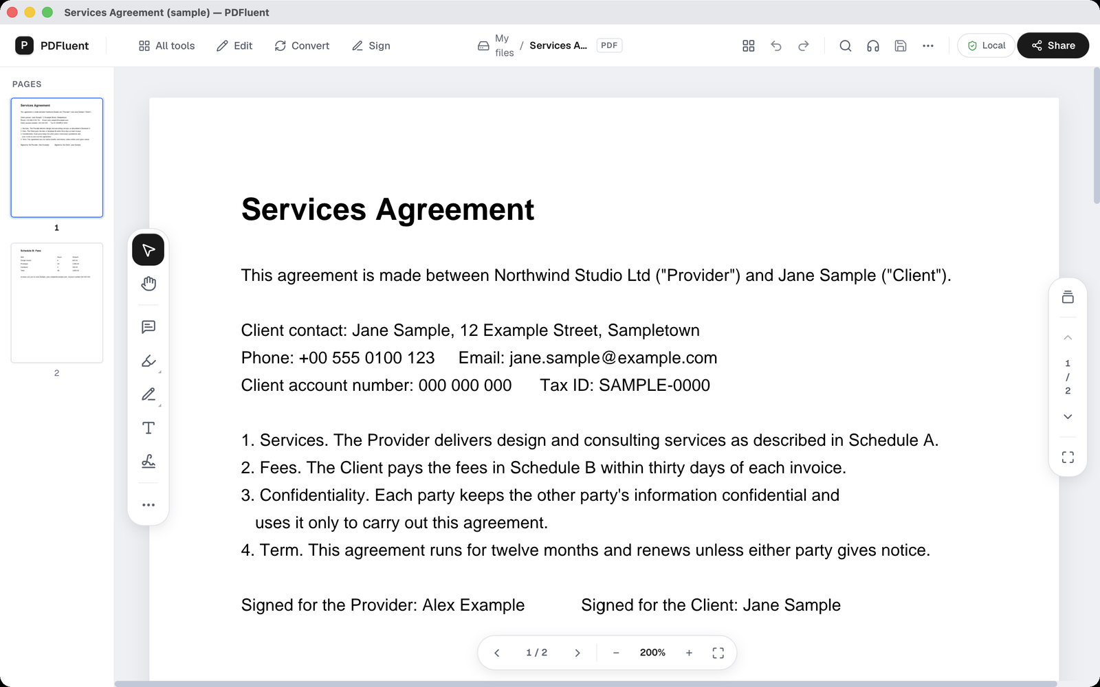 The 2-page sample Services Agreement open in PDFluent Editor at 200 percent zoom, with the tool rail on the left and the tabs All tools, Edit, Convert and Sign in the top bar.