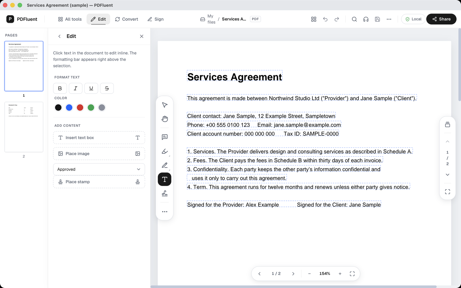The Edit panel with the sections Format text, Color and Add content, next to the sample agreement where each line of text has a dashed outline.