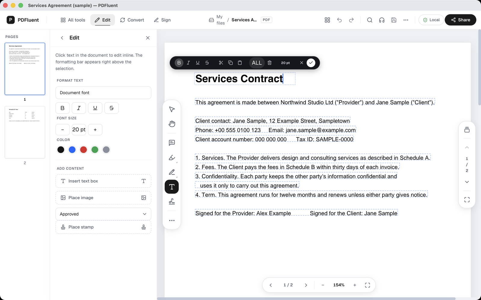 The title of the sample agreement being edited, now reading Services Contract, with the formatting bar above it showing the font size 20 pt, an X and a check mark.