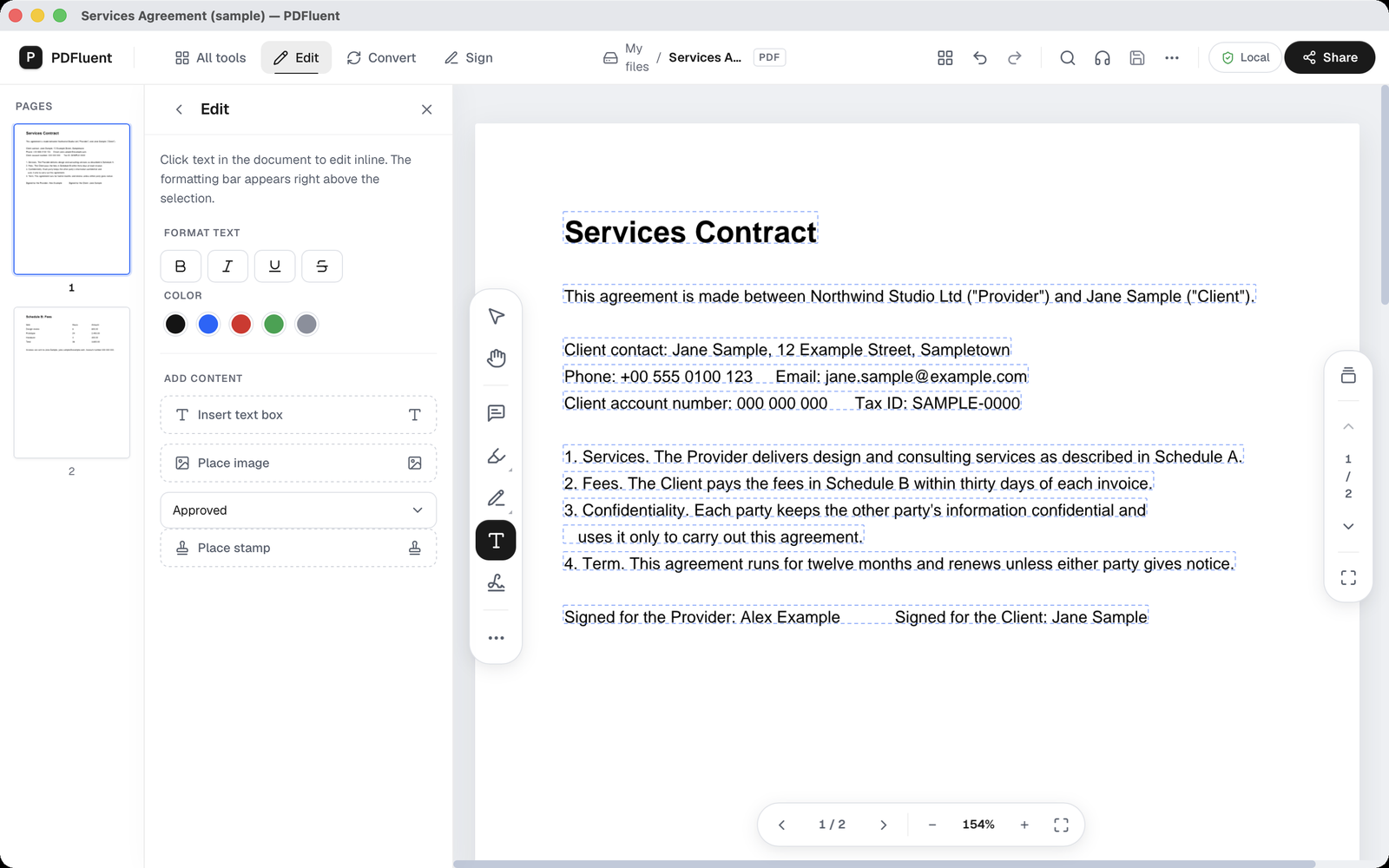 The sample agreement after saving, with the title Services Contract on page 1 and no asterisk in the title bar.