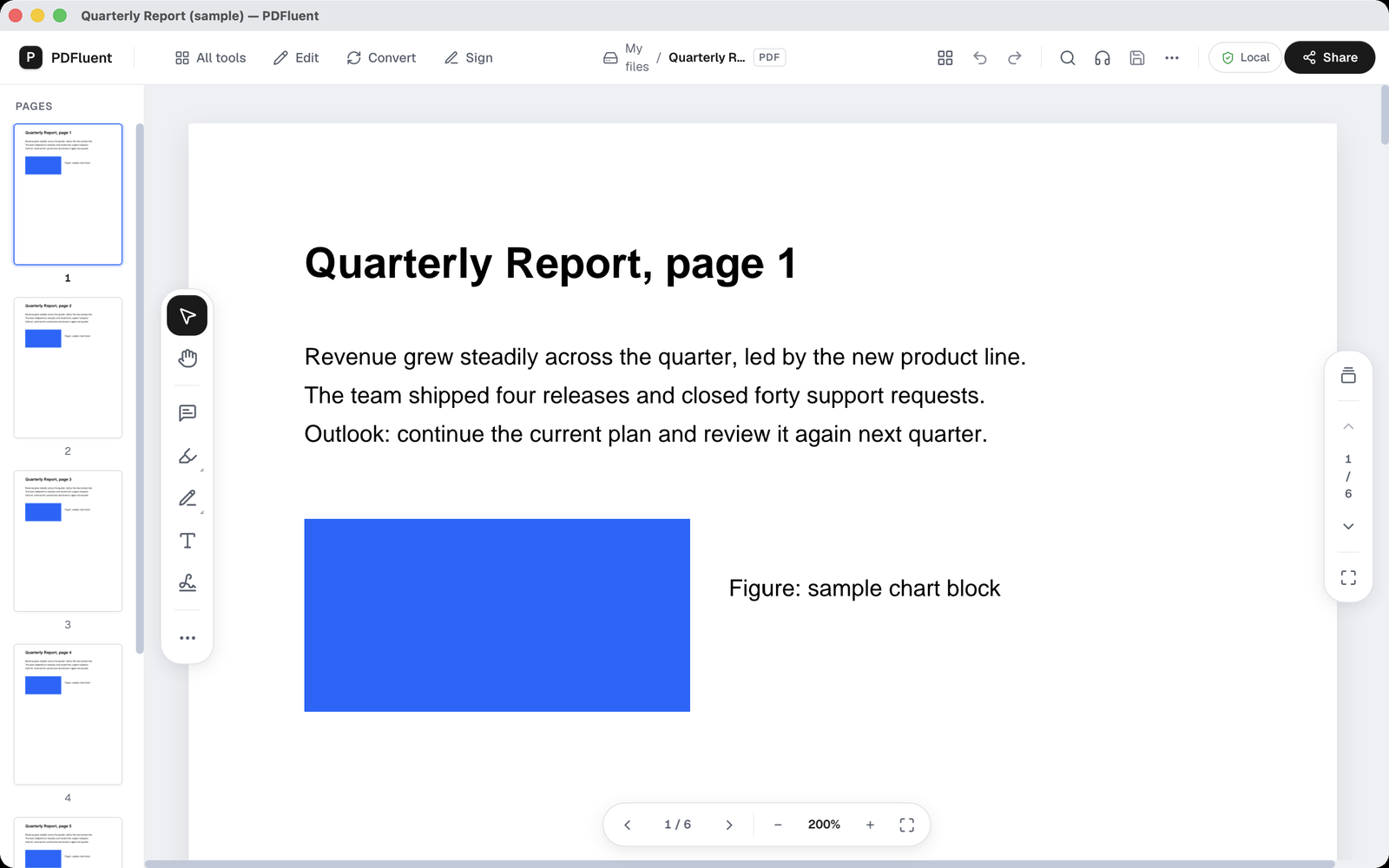 The sample Quarterly Report open in PDFluent Editor with the floating tool rail on the left and nothing marked on page 1 yet.