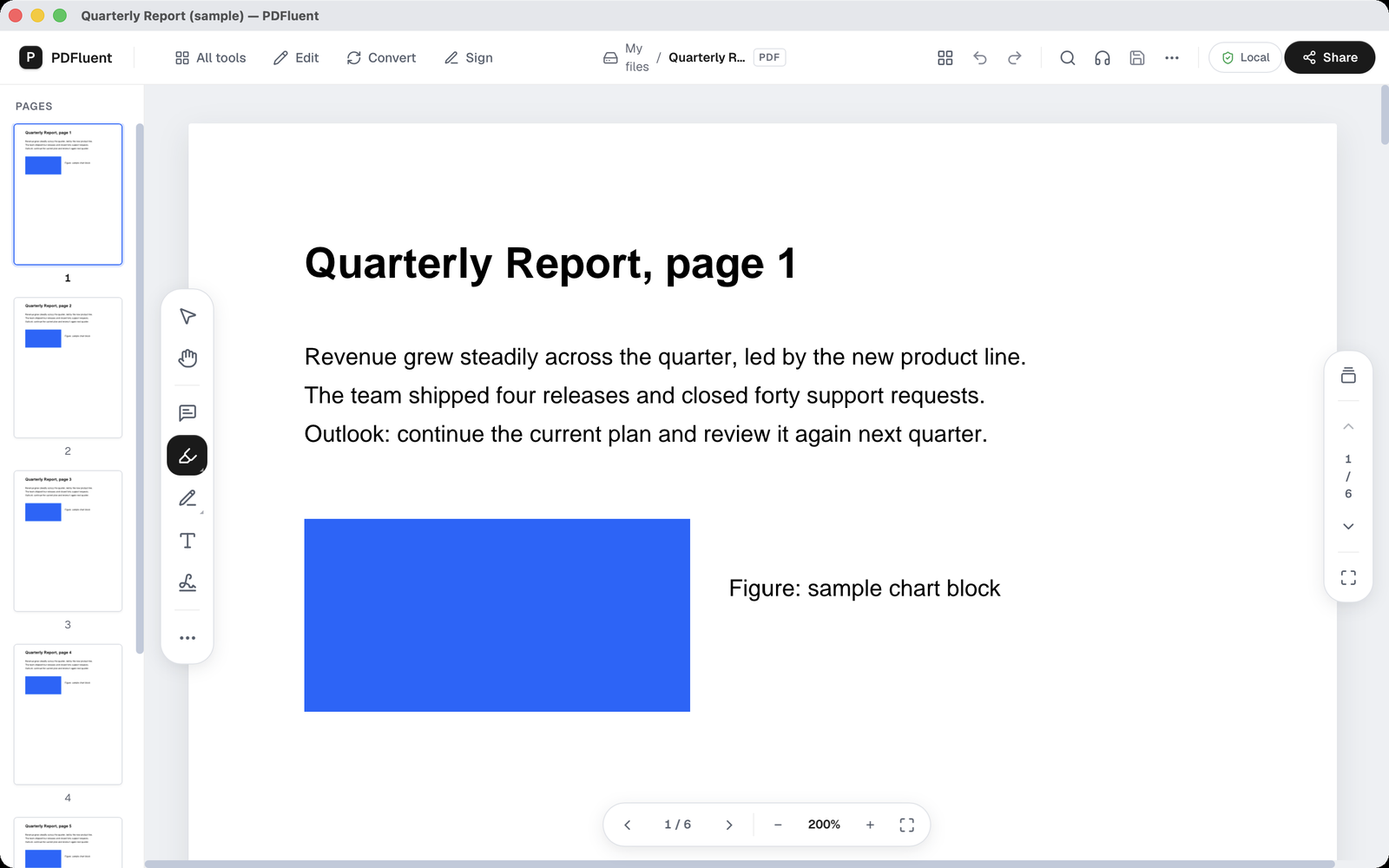 The Highlight tool active in the tool rail, shown as a dark button with a marker icon, next to page 1 of the sample report.