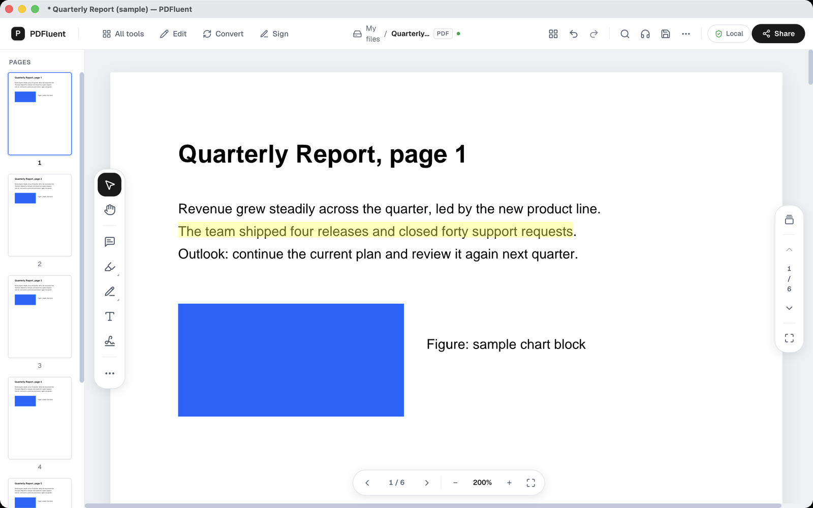 One sentence on page 1 of the sample report highlighted in yellow, with an asterisk in the title bar for unsaved changes.