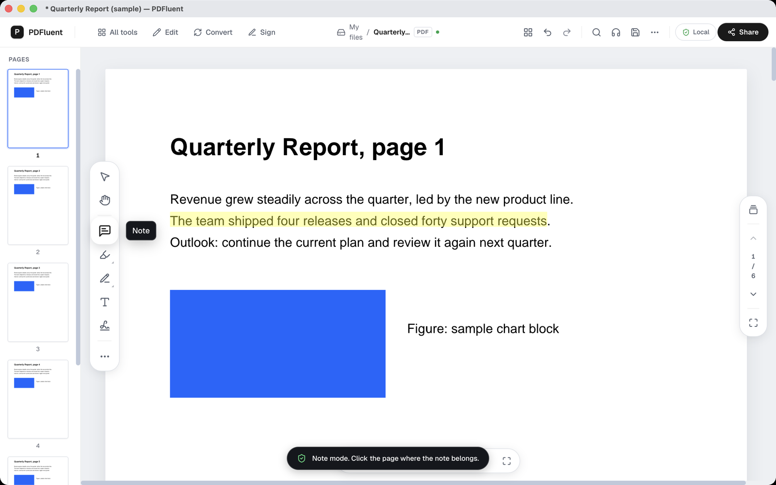 The Note tool active, with the message Note mode. Click the page where the note belongs. at the bottom of the window.