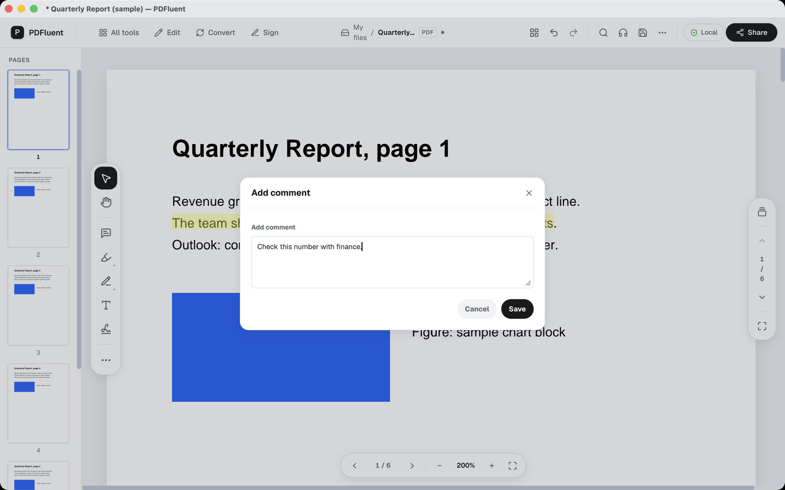 The Add comment dialog with the text Check this number with finance. typed in the field, and the buttons Cancel and Save below it.