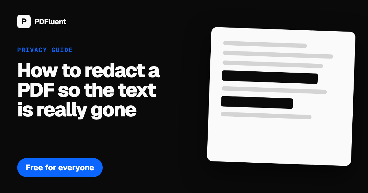 A PDF page open in PDFluent Editor with two lines of text replaced by solid black redaction areas.