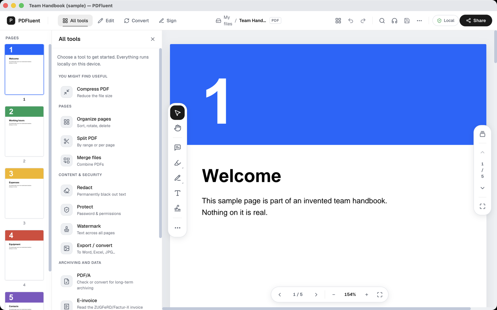 The "All tools" view with the "PAGES" group and the entry "Organize pages" with the subtitle "Sort, rotate, delete".