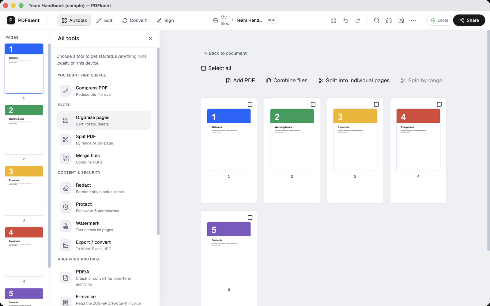 The "Organize pages" view with five page thumbnails numbered 1 to 5, each with a check box, and the links "Back to document", "Select all" and "Add PDF".