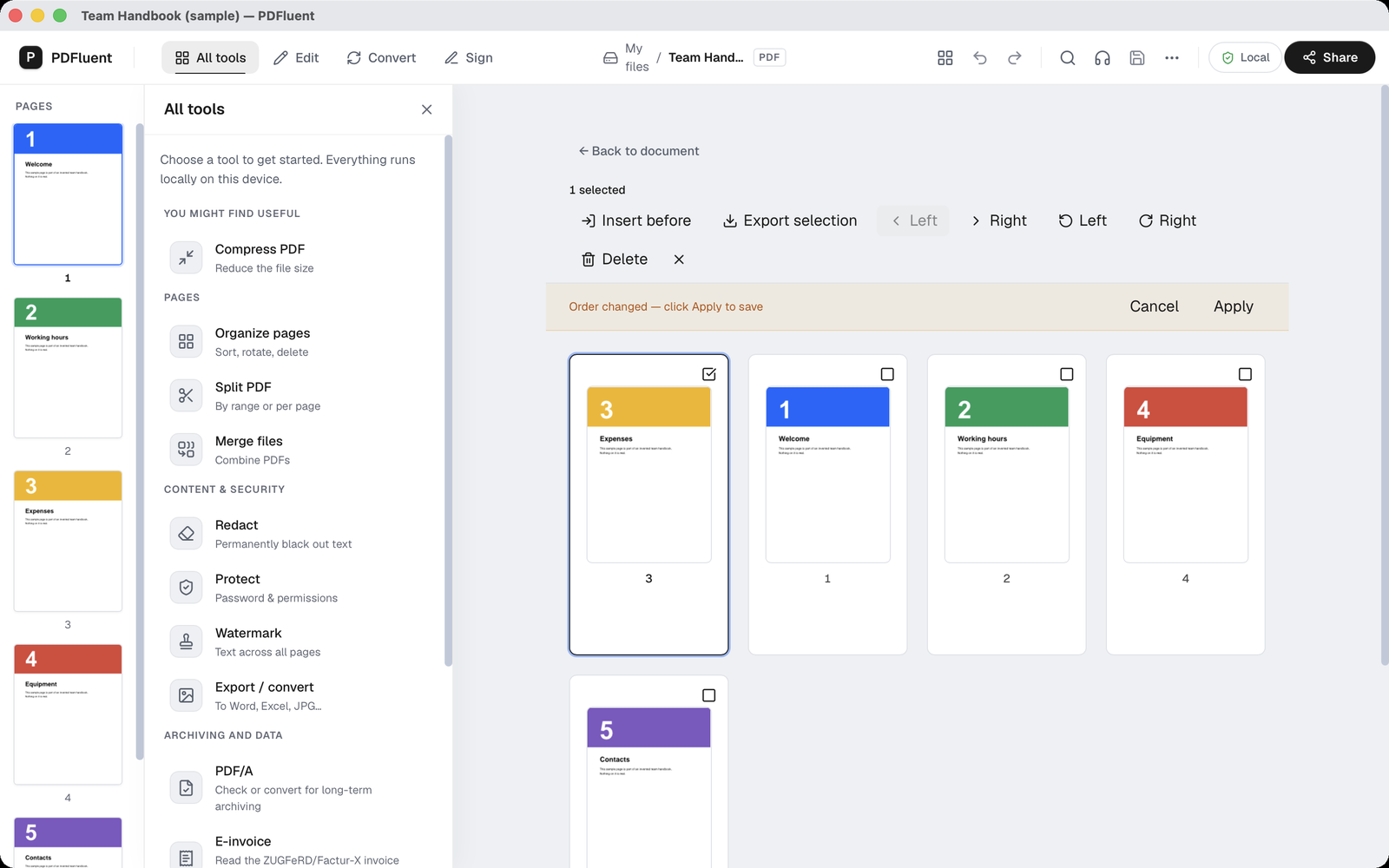 The page grid with Expenses in the first place, followed by Welcome and Working hours, and a bar with the buttons "Cancel" and "Apply".