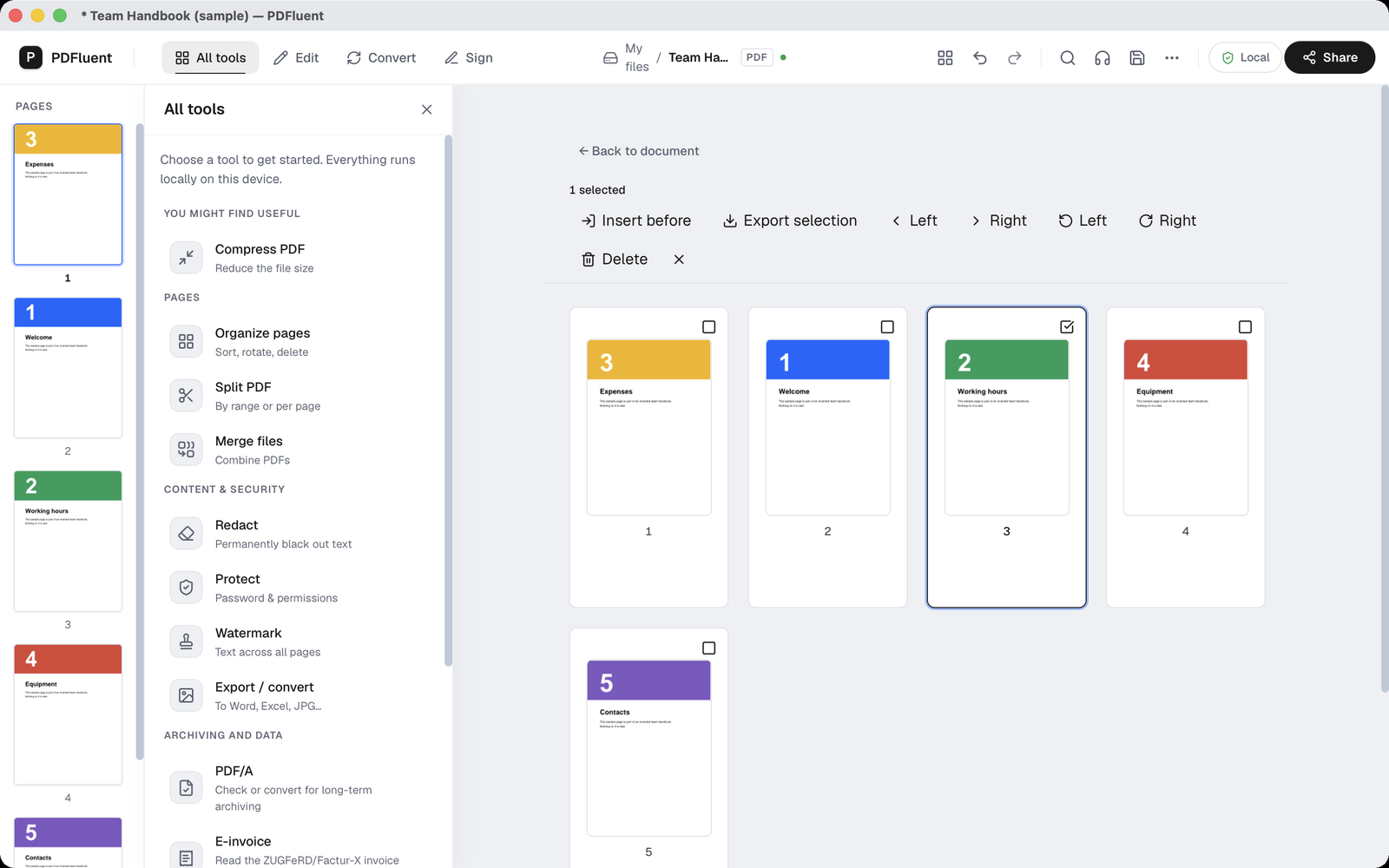 The editor after "Order applied", with the page thumbnails in the left strip in the order Expenses, Welcome, Working hours, Equipment, Contacts.