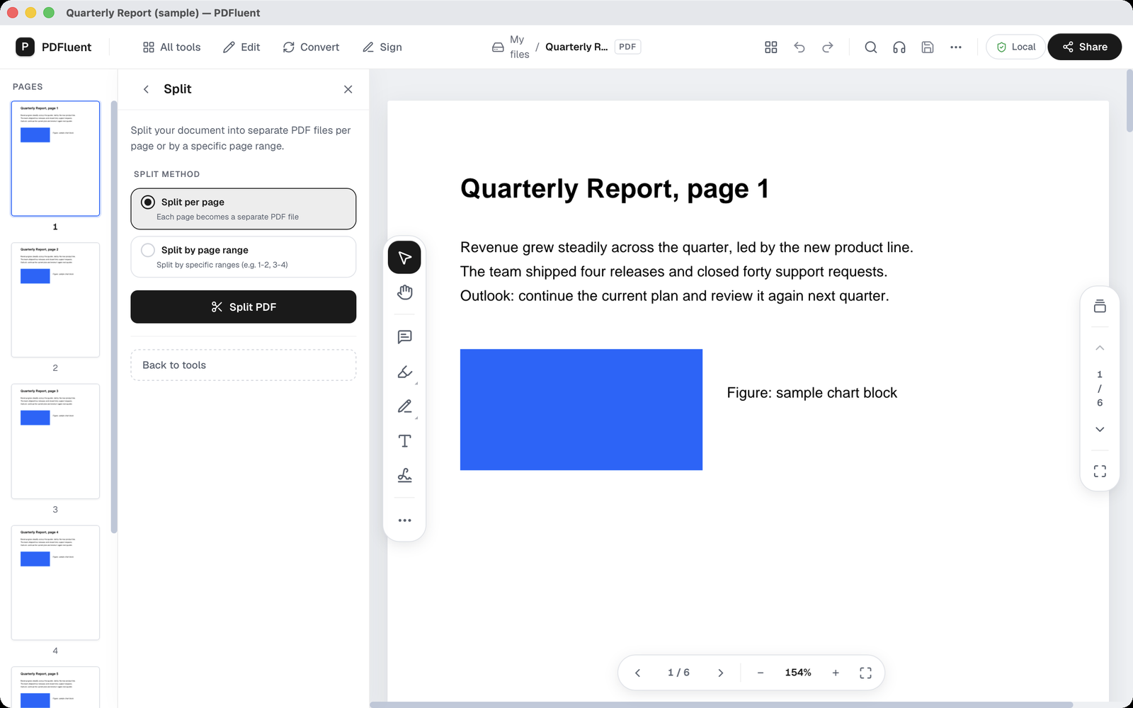 The "Split" panel with its description and the "SPLIT METHOD" section showing the options "Split per page" and "Split by page range".