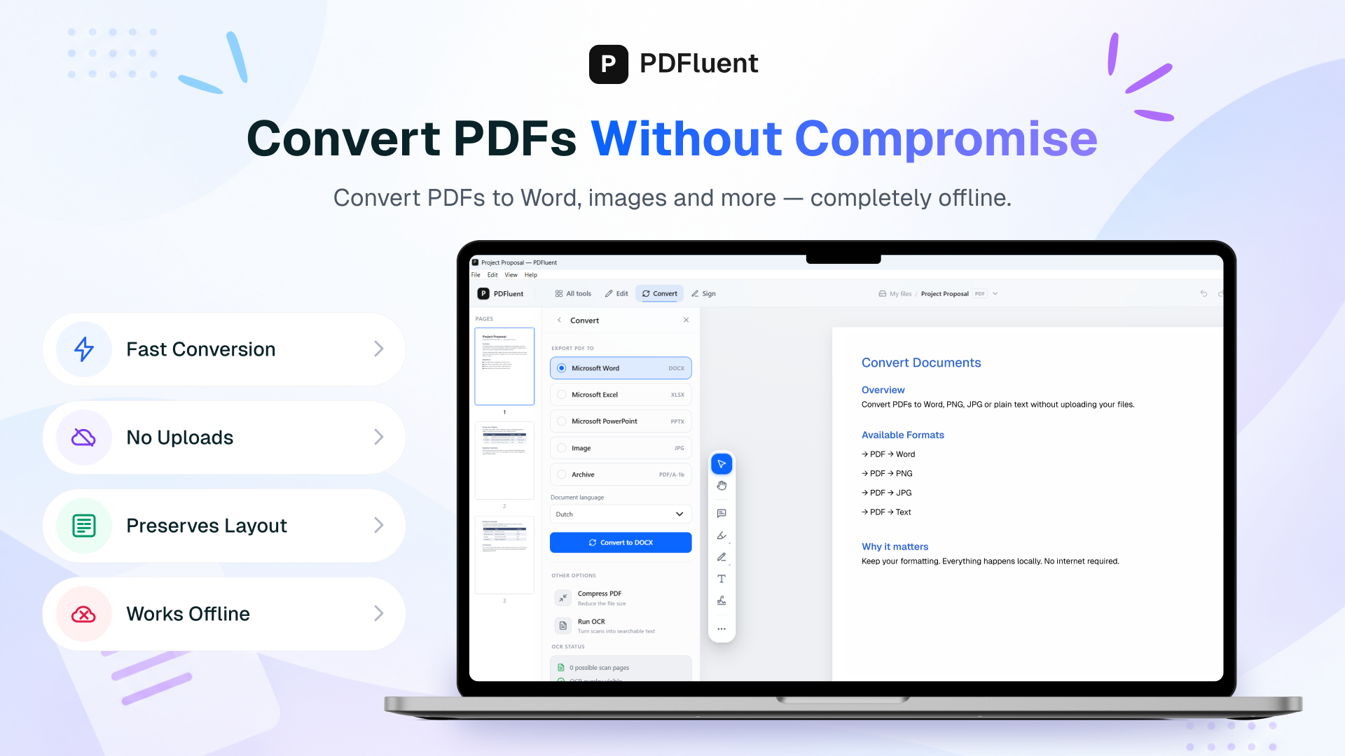 The Convert panel open beside a document, with the export formats and the OCR status